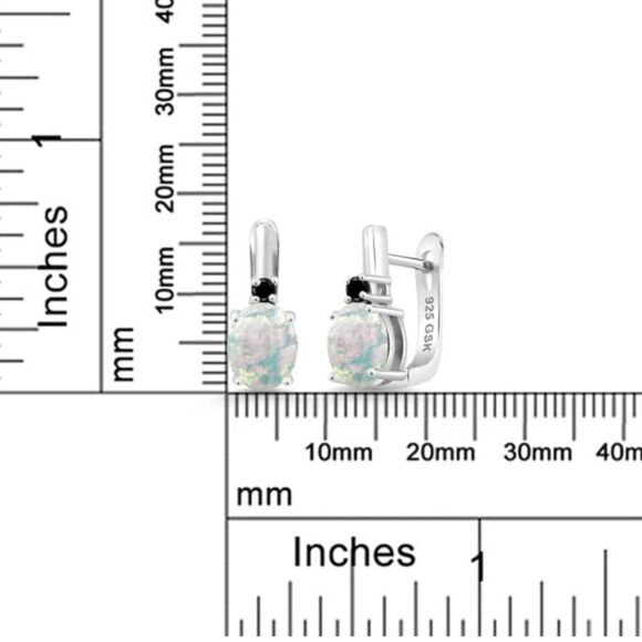 925 Sterling Silver with 3.33 Cttw White Opal and Black Diamond Oval Earrings - Picture 4 of 4